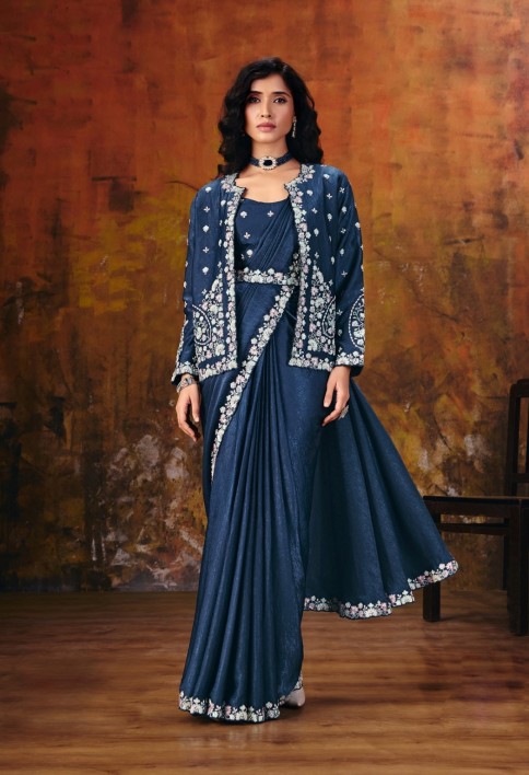 Dark Blue Embroidered Wedding Party Designer Saree